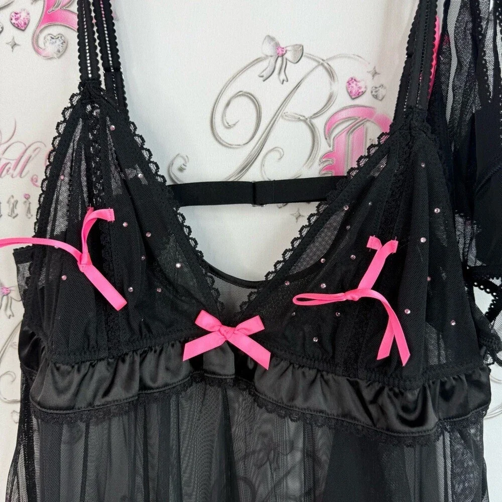 Victoria's Secret set 2 piece sexy little things Black Mesh Babydoll Pink Accent